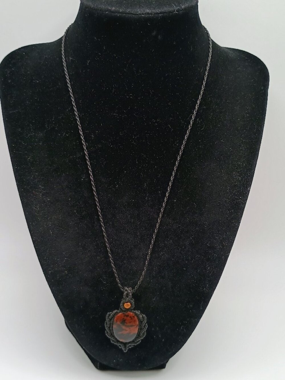 Unisex Necklace Woven Macramé Thread Natural Leopardite Stone